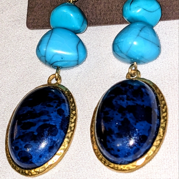 NEW Chicos Gold Turquoise & Blue Lapis Dangle Pierced Earrings - Picture 3 of 10